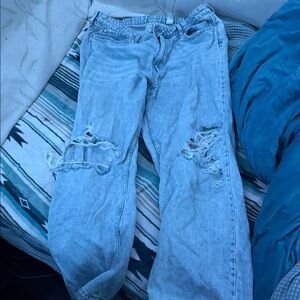 &Denim High-Waisted Loose Straight Distressed Jeans Size 16 Light Wash